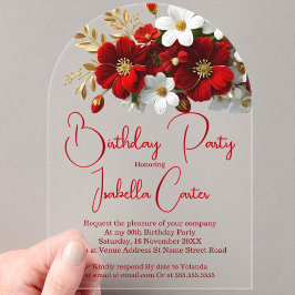 Elegant Birthday Bright Red White Gold Floral Acryleinladungen