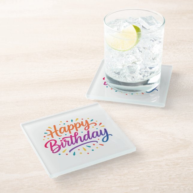 Elegant Birthday Calligraphy Design Glasuntersetzer (Schrägansicht)