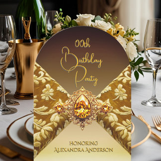 Elegant Birthday Dark Beige Gold Jewel Fabric Einladung