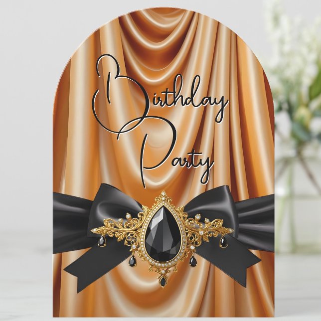 Elegant Birthday Gold Silk Jewel Black Einladung (Von Creator hochgeladen)