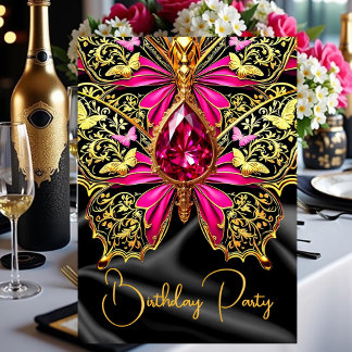 Elegant Birthday Hot Pink Black Gold Jewel Einladung