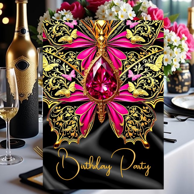 Elegant Birthday Hot Pink Black Gold Jewel Einladung (Von Creator hochgeladen)