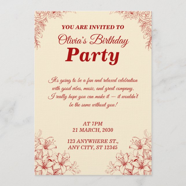 Elegant Birthday Invitation Card – Custom Floral D (Devant)