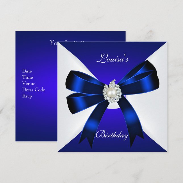 Elegant Birthday Invite Royal Blue Pearl White Einladung (Vorne/Hinten)
