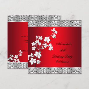 Elegant Birthday Party Asian Red Floral Silver Einladung
