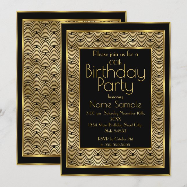 Elegant Birthday Party Black Gold Art Deco 1930er  Einladung (Vorne/Hinten)