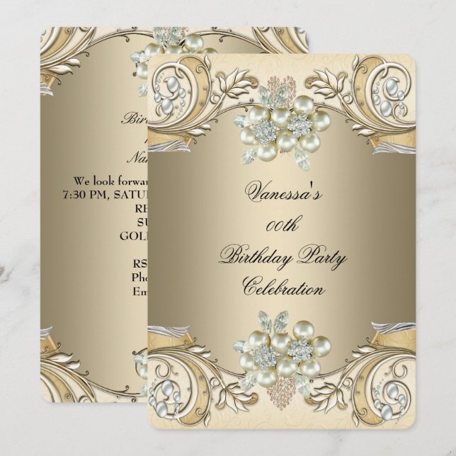 Elegant Birthday Pearl Sepia Coffee Gold Einladung (Vorne/Hinten)