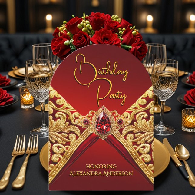 Elegant Birthday Regal Red Gold Jewel Fabric Einladung (Von Creator hochgeladen)