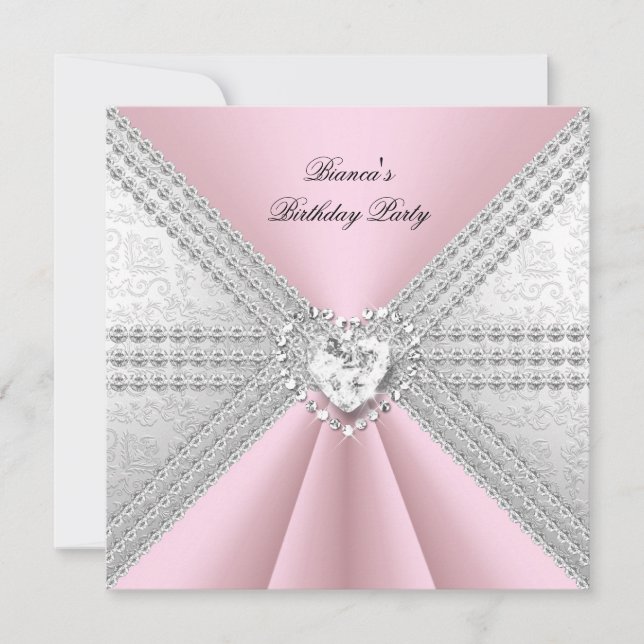 Elegant Birthday Silver Pink Diamond Herz Einladung (Vorderseite)
