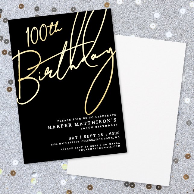 Elegant Black 100. Geburtstag Gold Folieneinladung (Elegant Black 100th Birthday Gold Foil Invitation)