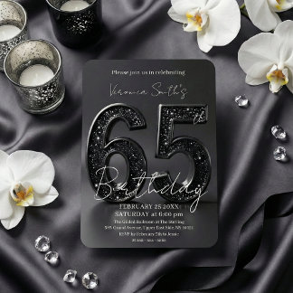 Elegant Black 3D Glitter Sparkle 65th Birthday Einladung