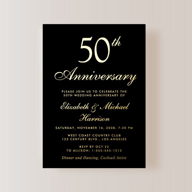 Elegant Black 50 th Wedding Anniversary Gold Folieneinladung (Von Creator hochgeladen)