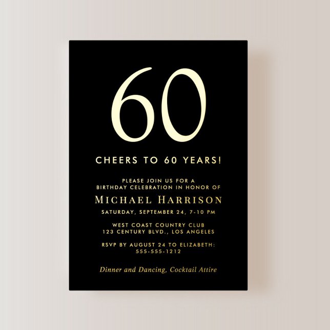 Elegant Black 60th Birthday Party Gold Folieneinladung (Von Creator hochgeladen)