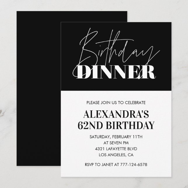 Elegant Black 62. Geburtstag Einladungen Abendesse (Vorne/Hinten)