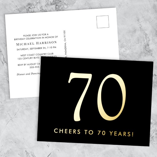 Elegant Black 70th Birthday Party Gold Folie Einladungspostkarte (Von Creator hochgeladen)