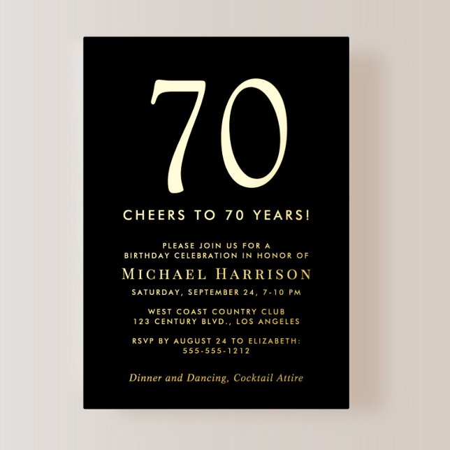 Elegant Black 70th Birthday Party Gold Folieneinladung (Von Creator hochgeladen)