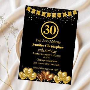 Elégant Black and gold 30th Birthday Invitations