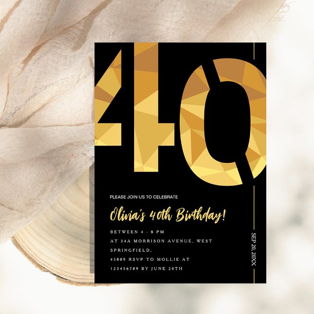 Elegant black and gold 40th Birthday Party Einladung (Von Creator hochgeladen)