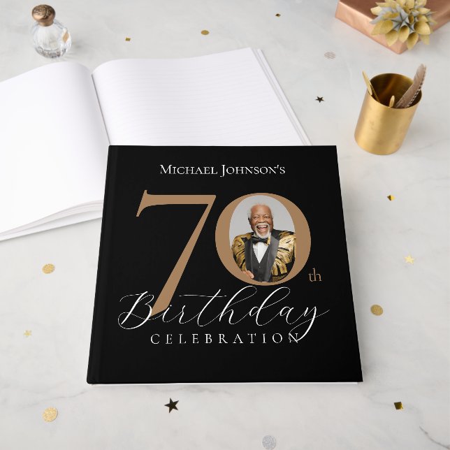 Elegant Black and Gold 70th Birthday Gästebuch (Vorderseite offen)