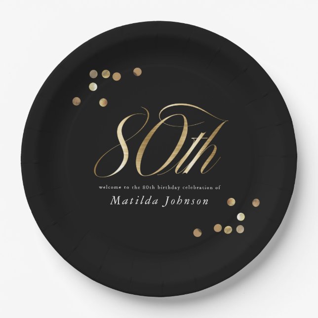 Elegant Black and Gold 80th Birthday Party Pappteller (Vorderseite)