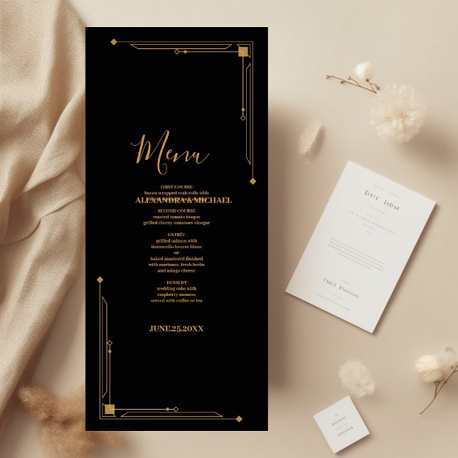 Elegant Black and Gold Art Deco  Wedding Menükarte (Von Creator hochgeladen)