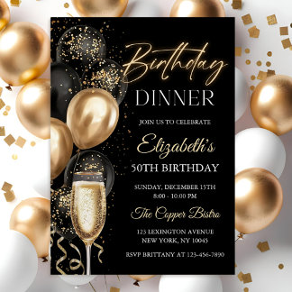 Elegant Black and Gold Balloons Birthday Dinner Einladung