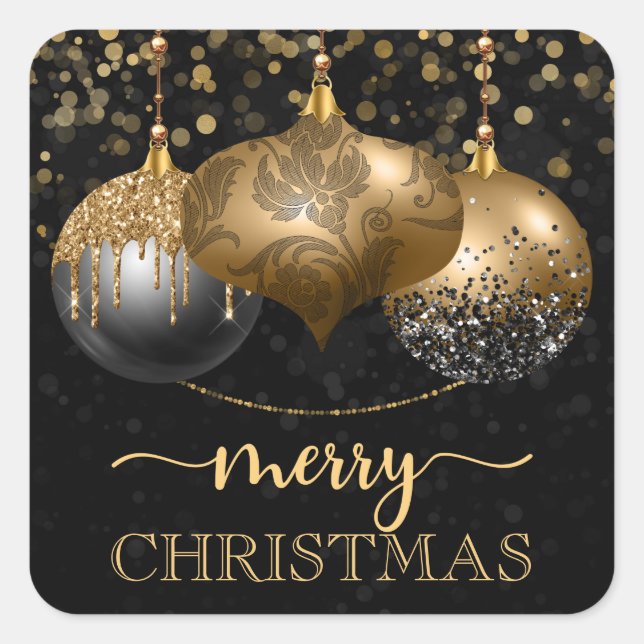 Elegant Black and Gold Baubles Frohe Weihnachten Quadratischer Aufkleber (Vorderseite)
