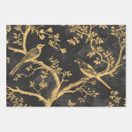 Elegant Black and Gold Birds Geschenkpapier Set