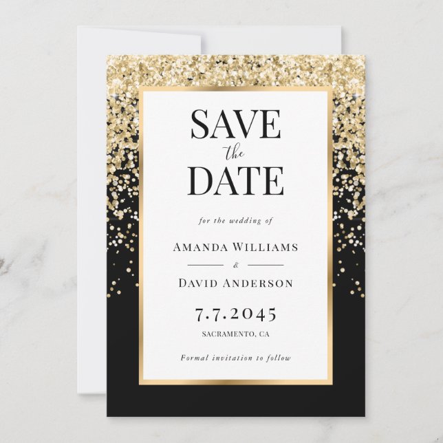 Elegant Black and Gold Confetti Wedding Save The Date (Vorderseite)