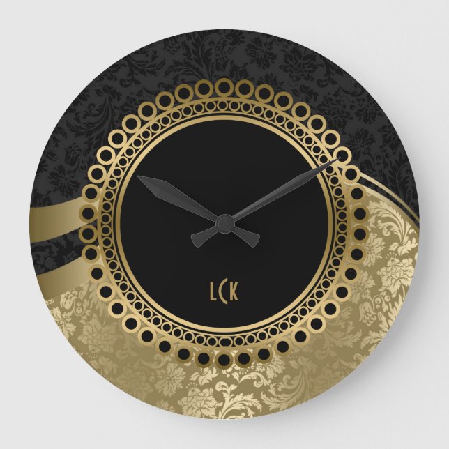 Elegant Black And Gold Damasks Ornate Frame Große Wanduhr (Vorderseite)