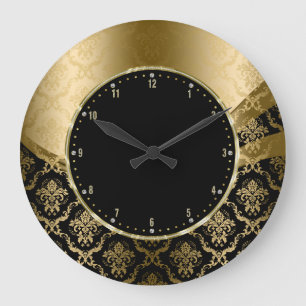 Elegant Black And Gold Floral Damasks Große Wanduhr