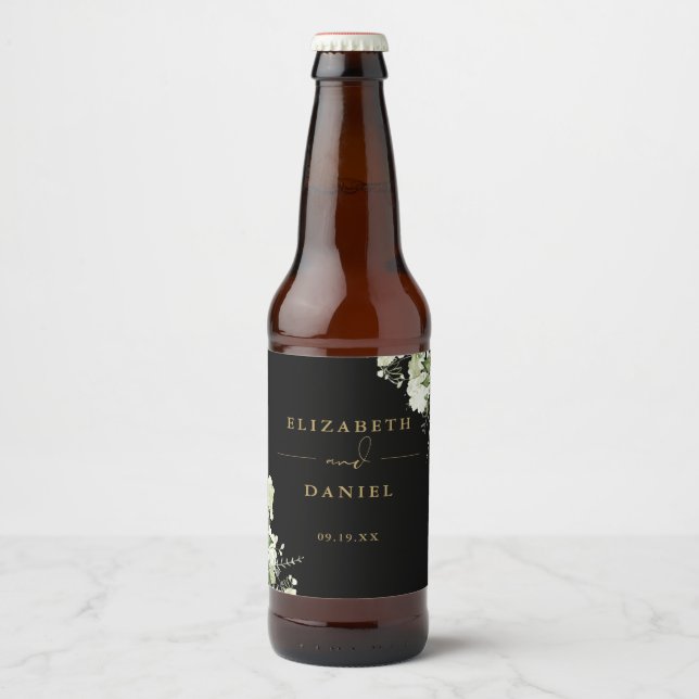 Elegant Black And Gold Floral Greenery Wedding Bierflaschenetikett (Vorderseite)
