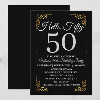 Elegant Black and Gold Hello 50th For Women  Einladung