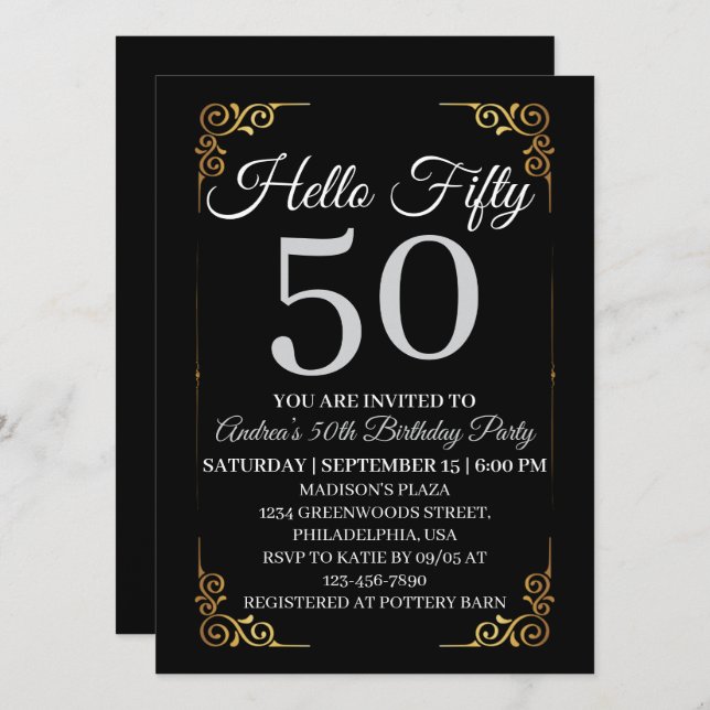 Elegant Black and Gold Hello 50th For Women  Einladung (Vorne/Hinten)