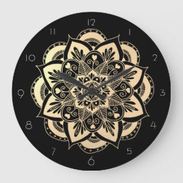 Elegant Black and Gold Mandala Flower Große Wanduhr