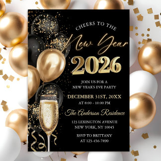 Elegant Black and Gold New Year's Eve Party Einladung
