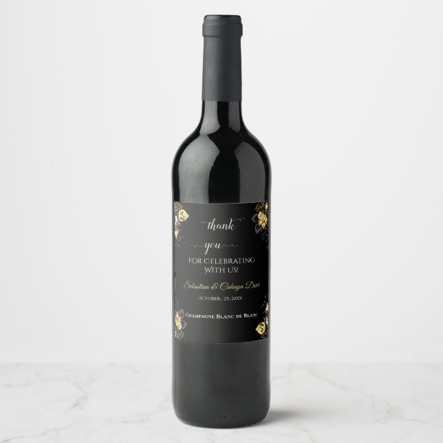 Elegant black and gold summer wedding weinetikett (Vorderseite)