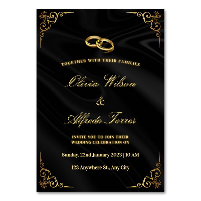 Elegant Black and Gold Wedding Invitation Tischnummer (Vorderseite)