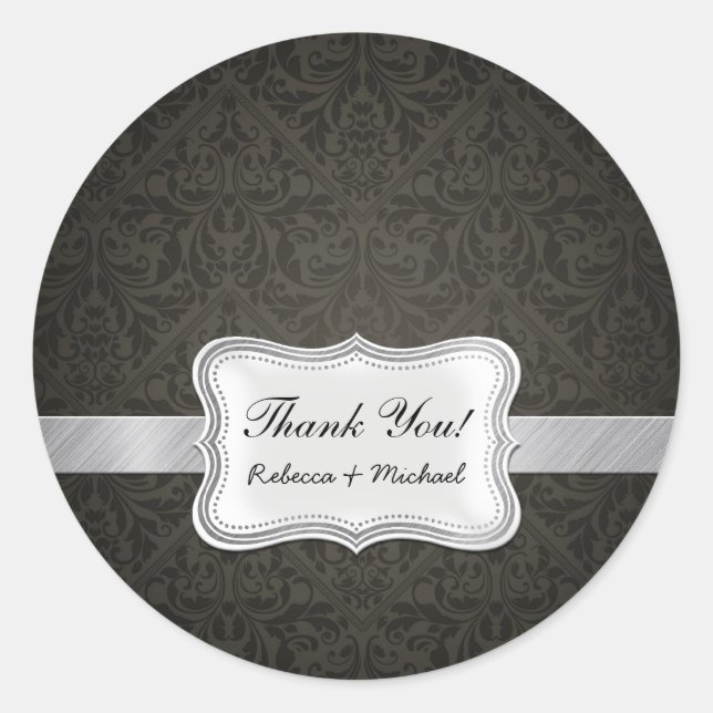Elegant Black and Gray Damask Vielen Dank Runder Aufkleber (Vorderseite)