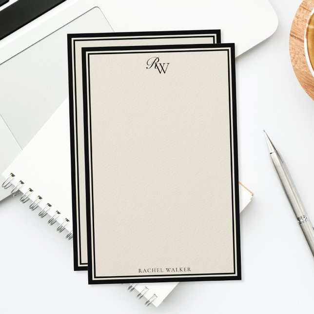 Elegant Black and Ivory Monogram Two Border Briefpapier (Von Creator hochgeladen)