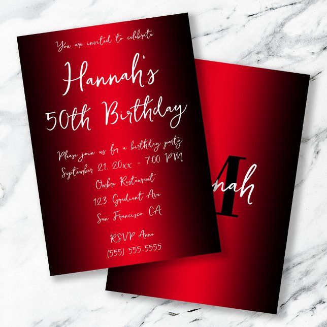 Elegant Black and Red Ombre 50. Geburtstag Einladung (Elegant Black and Red Ombre 50th Birthday Invitation)