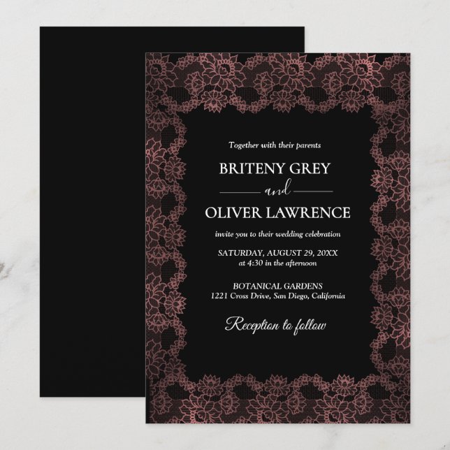 Elegant Black and Rose Gold Floral Lace Wedding  Einladung (Vorne/Hinten)