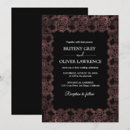 Elegant Black and Rose Gold Floral Lace Wedding Einladung