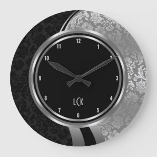 Elegant Black And Silver Damasks Silver Frame Große Wanduhr