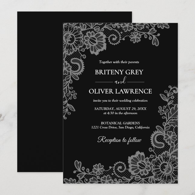Elegant Black and Silver Floral Lace Wedding  Einladung (Vorne/Hinten)