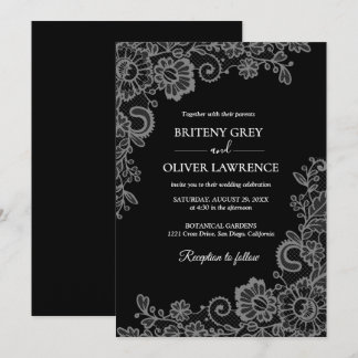 Elegant Black and Silver Floral Lace Wedding Einladung