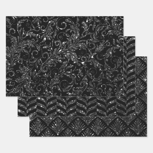 Elegant Black and Silver Glitter Patterns Geschenkpapier Set (Set)