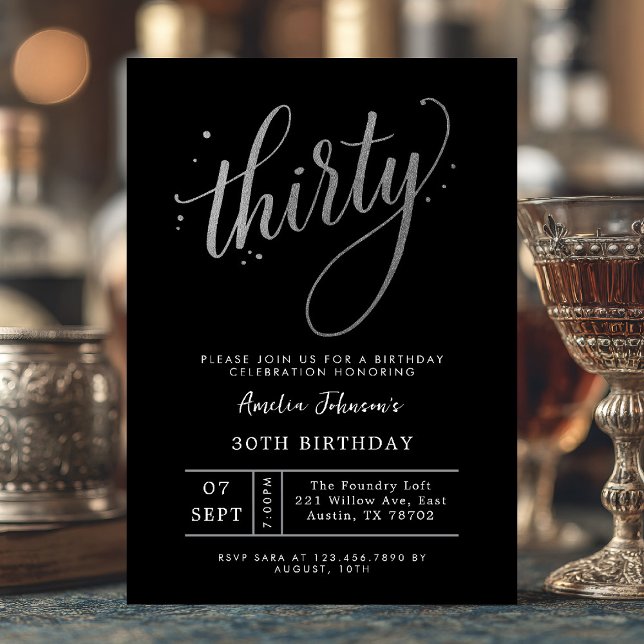 Elegant Black and Silver Thirtieth 30th Birthday Einladung (Thirty and timeless ✨ Celebrate in style with this chic black and silver birthday invite.)