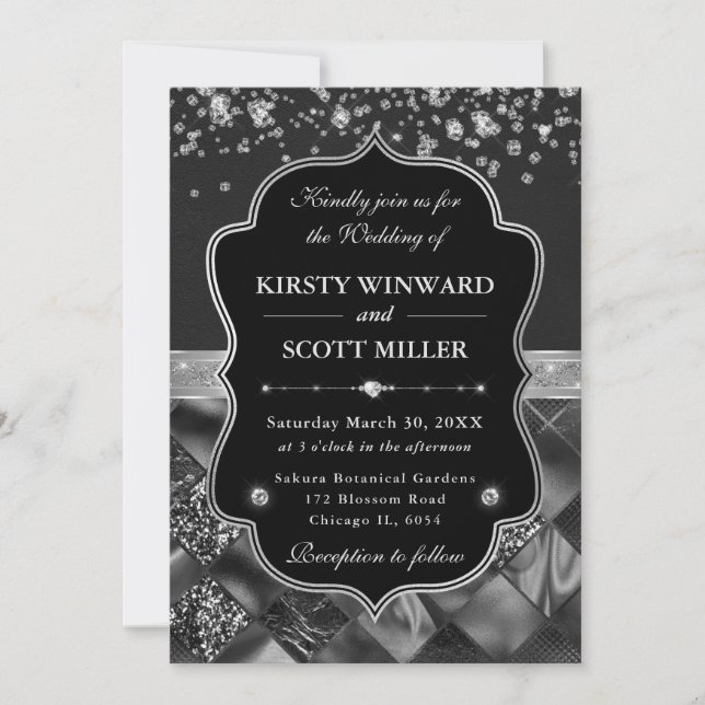 Elegant Black and Silver with Diamonds Wedding Einladung (Vorderseite)