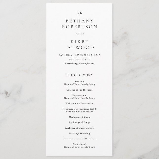 Elegant Black and White Classic Wedding Programm (Vorderseite)